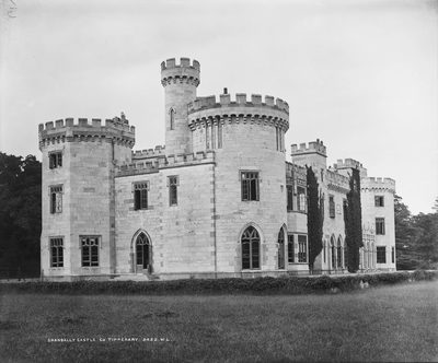 **End Elevation of Shanbally castle showing towers containing the oval drawing room (right) and dining room (left)**