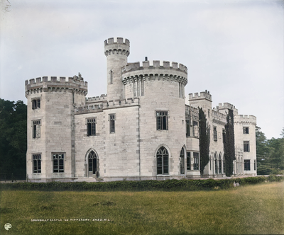 **End Elevation of Shanbally castle showing towers containing the oval drawing room (right) and dining room (left) - now in colour**